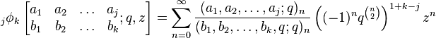 \;_{j}\phi_k \left[\begin{matrix} 
a_1 & a_2 & \ldots & a_{j} \\ 
b_1 & b_2 & \ldots & b_k \end{matrix} 
; q,z \right] = \sum_{n=0}^\infty  
\frac {(a_1, a_2, \ldots, a_{j};q)_n} {(b_1, b_2, \ldots, b_k,q;q)_n} \left((-1)^nq^{n\choose 2}\right)^{1+k-j}z^n