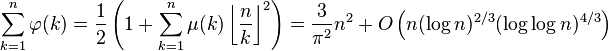 \sum_{k=1}^n\varphi(k) = \frac{1}{2}\left(1+ \sum_{k=1}^n \mu(k)\left\lfloor\frac{n}{k}\right\rfloor^2\right)
=\frac3{\pi^2}n^2+O\left(n(\log n)^{2/3}(\log\log n)^{4/3}\right)