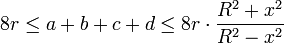 8r\le a+b+c+d \le 8r\cdot \frac{R^2+x^2}{R^2-x^2}