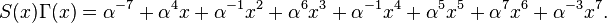 S(x)\Gamma(x)=\alpha^{-7}+\alpha^{4}x+\alpha^{-1}x^2+\alpha^{6}x^3+\alpha^{-1}x^4+\alpha^{5}x^5+\alpha^{7}x^6+\alpha^{-3}x^7.