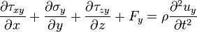 \frac{\partial \tau_{xy}}{\partial x} + \frac{\partial \sigma_y}{\partial y} + \frac{\partial \tau_{zy}}{\partial z} + F_y = \rho \frac{\partial^2 u_y}{\partial t^2}\,\!