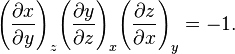 {\left ( \frac{\partial x}{\partial y} \right )}_z {\left ( \frac{\partial y}{\partial z} \right )}_x {\left ( \frac{\partial z}{\partial x} \right )}_y = -1.