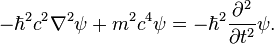  - \hbar^2 c^2 \mathbf{\nabla}^2 \psi + m^2 c^4 \psi = - \hbar^2 \frac{\partial^2}{\partial t^2} \psi. 