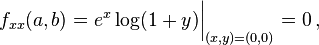 f_{xx}(a,b)=e^x\log(1+y)\bigg|_{(x,y)=(0,0)}=0\,,