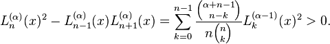 L_n^{(\alpha)}(x)^2- L_{n-1}^{(\alpha)}(x) L_{n+1}^{(\alpha)}(x)= \sum_{k=0}^{n-1} \frac{{\alpha+n-1\choose n-k}}{n{n\choose k}} L_k^{(\alpha-1)}(x)^2>0.