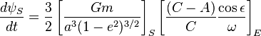 \frac{d\psi_S}{dt} = \frac{3}{2}\left[\frac{Gm}{a^3 (1-e^2)^{3/2}}\right]_S\left[\frac{(C-A)}{C}\frac{\cos\epsilon}{\omega}\right]_E