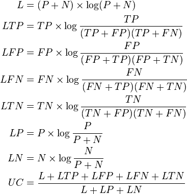 \begin{align} L &= (P+N)\times \log(P+N) \\
LTP &= TP \times \log\frac{TP}{(TP+FP)(TP+FN)} \\
LFP &= FP \times \log\frac{FP}{(FP+TP)(FP+TN)} \\
LFN &= FN \times \log\frac{FN}{(FN+TP)(FN+TN)} \\
LTN &= TN \times \log\frac{TN}{(TN+FP)(TN+FN)} \\
LP &= P \times \log \frac{P}{P+N} \\
LN &= N \times \log\frac{N}{P+N} \\
UC &= \frac{L + LTP + LFP + LFN + LTN}{L + LP + LN}
\end{align}