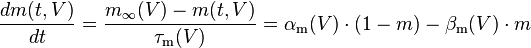 \frac{d m(t,V)}{d t} = \frac{m_\infty(V)-m(t,V)}{\tau_\mathrm{m} (V)} = \alpha_\mathrm{m} (V)\cdot(1-m) - \beta_\mathrm{m} (V)\cdot m