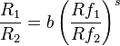 \frac{R_1}{R_2}=b\left(\frac{Rf_1}{Rf_2}\right)^s