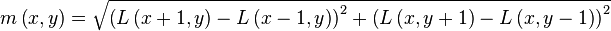 m \left( x, y \right) = \sqrt{\left( L \left( x+1, y \right) - L \left( x-1, y \right) \right)^2 + \left( L \left( x, y+1 \right) - L \left( x, y-1 \right) \right)^2}