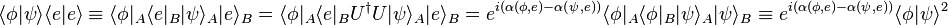 
   \langle \phi| \psi\rangle \langle e | e \rangle \equiv \langle \phi|_A \langle e|_B   |\psi\rangle_A |e\rangle_B 
= \langle \phi|_A \langle e|_B   U^{\dagger} U |\psi\rangle_A |e\rangle_B 
= e^{i(\alpha(\phi, e) - \alpha(\psi, e))} \langle \phi|_A \langle \phi|_B  |\psi\rangle_A |\psi\rangle_B \equiv e^{i(\alpha(\phi, e) - \alpha(\psi, e))} \langle \phi |\psi \rangle^2
