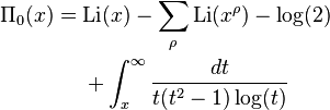 \begin{align}\Pi_0(x) &= \operatorname{Li}(x) - \sum_\rho \operatorname{Li}(x^\rho) -\log(2) \\ &\ \ \ \ +\int_x^\infty\frac{dt}{t(t^2-1)\log(t)}\end{align}