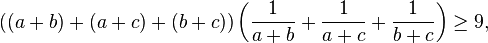 ((a+b)+(a+c)+(b+c))\left(\frac{1}{a+b}+\frac{1}{a+c}+\frac{1}{b+c}\right)\geq 9,