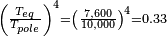 \begin{smallmatrix}\left( \frac{T_{eq}}{T_{pole}} \right)^4 = \left( \frac{7,600}{10,000} \right)^4 = 0.33\end{smallmatrix}