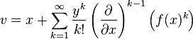 v=x+\sum_{k=1}^\infty\frac{y^k}{k!}\left(\frac\partial{\partial x}\right)^{k-1}\left(f(x)^k\right)