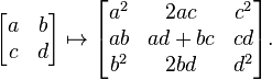 \begin{bmatrix}
a & b \\
c & d
\end{bmatrix} \mapsto \begin{bmatrix}
a^2 & 2ac & c^2 \\
ab & ad+bc & cd \\
b^2 & 2bd & d^2
\end{bmatrix}.