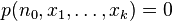 p(n_0,x_1,\ldots,x_k)=0\,