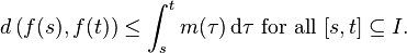 d \left( f(s), f(t) \right) \leq \int_{s}^{t} m(\tau) \, \mathrm{d} \tau \mbox{ for all } [s, t] \subseteq I.