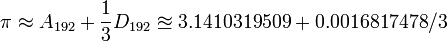 \pi \approx A_{192}+ \frac{1}{3} D_{192}\approxeq 3.1410319509 +0.0016817478/3