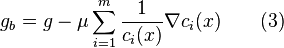 g_b = g - \mu\sum_{i=1}^m \frac{1}{c_i(x)} \nabla c_i(x)~~~~~~(3)