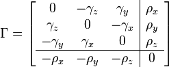  \Gamma = \left[ \begin{array}{ccc|c} 0 & -\gamma_z & \gamma_y & \rho_x \\ \gamma_z & 0 & -\gamma_x & \rho_y \\ -\gamma_y & \gamma_x & 0 & \rho_z \\
\hline
-\rho_x & -\rho_y & -\rho_z & 0 \end{array}\right]