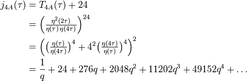 \begin{align}j_{4A}(\tau)
&=T_{4A}(\tau)+24\\
&=\Big(\tfrac{\eta^2(2\tau)}{\eta(\tau)\,\eta(4\tau)} \Big)^{24} \\
&=\Big(\big(\tfrac{\eta(\tau)}{\eta(4\tau)}\big)^{4}+4^2 \big(\tfrac{\eta(4\tau)}{\eta(\tau)}\big)^{4}\Big)^2\\ 
&=\frac{1}{q} + 24+ 276q + 2048q^2 +11202q^3+49152q^4+\dots
\end{align}