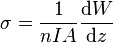 \sigma = \frac{1}{n I A} \frac{\mathrm d W}{\mathrm d z}