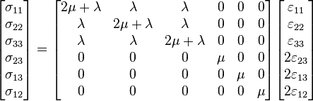 
   \begin{bmatrix}\sigma_{11} \\ \sigma_{22} \\ \sigma_{33} \\ \sigma_{23} \\ \sigma_{13} \\ \sigma_{12} \end{bmatrix}
   = 
   \begin{bmatrix} 2\mu+\lambda & \lambda & \lambda & 0 & 0 & 0 \\
                   \lambda & 2\mu+\lambda & \lambda & 0 & 0 & 0 \\
                   \lambda & \lambda & 2\mu+\lambda & 0 & 0 & 0 \\
                   0 & 0 & 0 & \mu & 0 & 0 \\
                   0 & 0 & 0 & 0 & \mu & 0 \\
                   0 & 0 & 0 & 0 & 0 & \mu \end{bmatrix}
    \begin{bmatrix}\varepsilon_{11} \\ \varepsilon_{22} \\ \varepsilon_{33} \\ 2\varepsilon_{23} \\ 2\varepsilon_{13} \\ 2\varepsilon_{12} \end{bmatrix}
