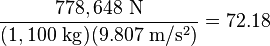 \frac{778,648\ \mathrm{N}}{(1,100\ \mathrm{kg})(9.807\ \mathrm{m/s^2})}=72.18