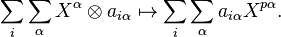 \sum_i \sum_\alpha X^\alpha \otimes a_{i\alpha} \mapsto \sum_i \sum_\alpha a_{i\alpha}X^{p\alpha}.