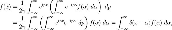 \begin{align}
f(x)&=\frac{1}{2\pi} \int_{-\infty}^\infty e^{ipx}\left(\int_{-\infty}^\infty e^{-ip\alpha }f(\alpha)\ d \alpha \right) \ dp \\
&=\frac{1}{2\pi} \int_{-\infty}^\infty \left(\int_{-\infty}^\infty e^{ipx} e^{-ip\alpha } \ dp \right)f(\alpha)\ d \alpha =\int_{-\infty}^\infty \delta (x-\alpha) f(\alpha) \ d \alpha,
\end{align}