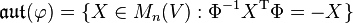 \mathfrak{aut}(\varphi) = \{X \in M_n(V): \Phi^{-1}X^{\mathrm T}\Phi = -X\}