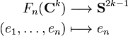 \begin{align}
F_n(\mathbf{C}^k) & \longrightarrow \mathbf{S}^{2k-1} \\
(e_1,\ldots,e_n) & \longmapsto e_n
\end{align}