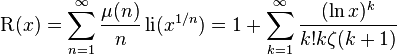 \operatorname {R} (x)=\sum _{n=1}^{\infty }{\frac {\mu (n)}{n}}\operatorname {li} (x^{1/n})=1+\sum _{k=1}^{\infty }{\frac {(\ln x)^{k}}{k!k\zeta (k+1)}}