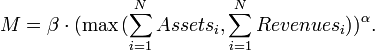 M=\beta \cdot (\max{(\sum_{i=1}^{N}{Assets_i},\sum_{i=1}^{N}{Revenues_i})})^{\alpha} .\,