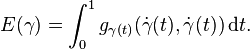 E(\gamma)=\int_0^1 g_{\gamma(t)}(\dot\gamma(t),\dot\gamma(t))\,\mathrm{d}t.