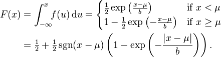 \begin{align}
F(x) &= \int_{-\infty}^x \!\!f(u)\,\mathrm{d}u  = \begin{cases}
             \frac12 \exp \left( \frac{x-\mu}{b} \right) & \mbox{if }x < \mu \\
             1-\frac12 \exp \left( -\frac{x-\mu}{b} \right) & \mbox{if }x \geq \mu
            \end{cases} \\
&=\tfrac{1}{2} + \tfrac{1}{2} \sgn(x-\mu) \left(1-\exp \left(-\frac{|x-\mu|}{b} \right ) \right ).
\end{align}