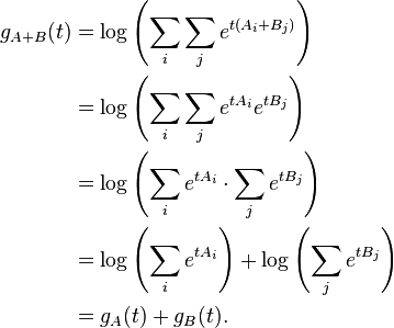 
\begin{align}
g_{A+B}(t) &= \log \left(\sum_i \sum_j  e^{t(A_i+B_j)}\right) \\
           &= \log \left(\sum_i\sum_j  e^{t A_i} e^{t B_j}\right) \\
           &= \log \left(\sum_i e^{t A_i}\cdot \sum_j e^{t B_j}\right) \\
           &= \log \left(\sum_i e^{t A_i}\right)+ \log\left(\sum_j e^{t B_j}\right) \\
           &= g_A(t) + g_B(t).
\end{align}
