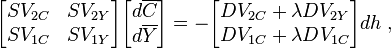   
\begin{bmatrix}
SV_{2 C} & SV_{2 Y}  \\
SV_{1 C} & SV_{1 Y}
\end{bmatrix}
	\begin{bmatrix}
	d \overline{C}  \\
	d \overline{Y}
	\end{bmatrix} = - \begin{bmatrix}
			  DV_{2C} + \lambda DV_{2 Y}  \\
			  DV_{1C} + \lambda DV_{1 C}	
			  \end{bmatrix} d h   \; , 