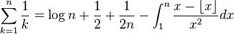  \sum_{k=1}^n \frac{1}{k} = \log n + \frac{1}{2} + \frac{1}{2n} - \int_1^n \frac{x-\lfloor x\rfloor}{x^{2}} dx