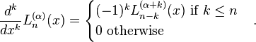 \frac{d^k}{d x^k} L_n^{(\alpha)} (x) = \begin{cases}(-1)^k L_{n-k}^{(\alpha+k)} (x)\text{ if }k\le n\\0\text{ otherwise}\end{cases}.