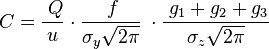 C = \frac{\;Q}{u}\cdot\frac{\;f}{\sigma_y\sqrt{2\pi}}\;\cdot\frac{\;g_1 + g_2 + g_3}{\sigma_z\sqrt{2\pi}}