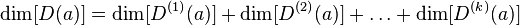  \mathrm{dim}[D(a)] = \mathrm{dim}[D^{(1)}(a)] + \mathrm{dim}[D^{(2)}(a)] + \ldots + \mathrm{dim}[D^{(k)}(a)] 