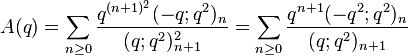 A(q) = \sum_{n\ge 0} \frac{q^{(n+1)^2}(-q;q^2)_n}{(q;q^2)^2_{n+1}} = \sum_{n\ge 0} \frac{q^{n+1}(-q^2;q^2)_n}{(q;q^2)_{n+1}}