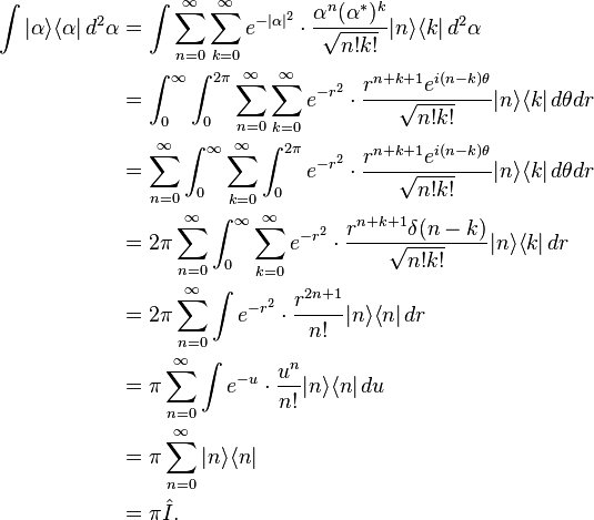 \begin{align}\int |\alpha\rangle\langle\alpha| \, d^2\alpha
&= \int \sum_{n=0}^{\infty}\sum_{k=0}^{\infty} e^{-{|\alpha|^2}} \cdot \frac{\alpha^n (\alpha^*)^k}{\sqrt{n!k!}} |n\rangle \langle k| \, d^2\alpha \\
&= \int_0^{\infty} \int_0^{2\pi} \sum_{n=0}^{\infty}\sum_{k=0}^{\infty} e^{-{r^2}} \cdot \frac{r^{n+k+1}e^{i(n-k)\theta}}{\sqrt{n!k!}} |n\rangle \langle k| \, d\theta dr \\
&= \sum_{n=0}^{\infty} \int_0^{\infty} \sum_{k=0}^{\infty} \int_0^{2\pi} e^{-{r^2}} \cdot \frac{r^{n+k+1}e^{i(n-k)\theta}}{\sqrt{n!k!}} |n\rangle \langle k| \, d\theta dr \\
&= 2\pi \sum_{n=0}^{\infty} \int_0^{\infty} \sum_{k=0}^{\infty} e^{-{r^2}} \cdot \frac{r^{n+k+1}\delta(n-k)}{\sqrt{n!k!}} |n\rangle \langle k| \, dr \\
&= 2\pi \sum_{n=0}^{\infty} \int e^{-{r^2}} \cdot \frac{r^{2n+1}}{n!} |n\rangle \langle n| \, dr \\
&= \pi \sum_{n=0}^{\infty} \int e^{-u} \cdot \frac{u^n}{n!} |n\rangle \langle n| \, du \\
&= \pi \sum_{n=0}^{\infty} |n\rangle \langle n| \\
&= \pi \hat{I}.\end{align}