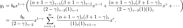 \begin{align}
 y_1 &= b_0 x^{1 - \gamma} \left(\frac{(\alpha + 1 - \gamma)_{\gamma - 1} (\beta + 1 - \gamma)_{\gamma - 1}}{(2 - \gamma)_{\gamma - 2} (1)_{\gamma - 1}} x^{\gamma - 1} + \frac{(\alpha + 1 - \gamma)_{\gamma} (\beta + 1 - \gamma)_{\gamma}}{(2 - \gamma)_{\gamma - 2} (1) (1)_{\gamma}} x^{\gamma}+ \cdots \right) \\ 
&= \frac{b_0}{(2 - \gamma)_{\gamma - 2}} x^{1 - \gamma}\sum_{r = \gamma - 1}^\infty \frac{(\alpha + 1 - \gamma)_r (\beta + 1 - \gamma)_r}{(1)_r (1)_{r + 1 - \gamma}} x^r.
\end{align}