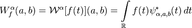 
W_{f}^{\alpha}(a,b)=\mathcal{W}^{\alpha}[f(t)](a,b)=\int\limits_{\mathbb{R}} f(t)\psi_{\alpha,a,b}^{\ast}(t)\, dt
