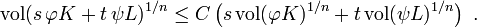 \mathrm{vol} ( s \, \varphi K + t \, \psi L )^{1/n} \leq C \left( s\, \mathrm{vol} ( \varphi K )^{1/n} + t\, \mathrm{vol} ( \psi L )^{1/n} \right)~.