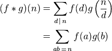 
\begin{align}
(f*g)(n) 
&= \sum_{d\,\mid \,n} f(d)g\left(\frac{n}{d}\right) \\
&= \sum_{ab\,=\,n}f(a)g(b)
\end{align}
