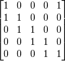 \begin{bmatrix}
1 & 0 & 0 & 0 & 1\\
1 & 1 & 0 & 0 & 0\\
0 & 1 & 1 & 0 & 0\\
0 & 0 & 1 & 1 & 0\\
0 & 0 & 0 & 1 & 1\\
\end{bmatrix}